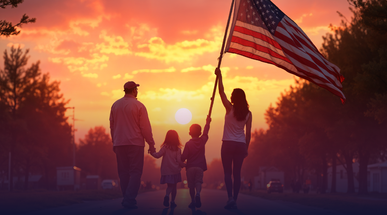 familia-caminando-en-ciudad-con-bandera-americana